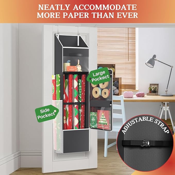 Ofiray-home 2-in-1 Wrapping Paper Organizer Storage, Over Door or Under Bed Organizer with Removable Drawer & 4 Clear Pockets