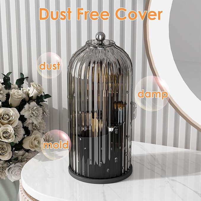 YOOLENS Makeup Brush Holder with Lid 360 Rotating Clear Dustproof Make Up Organizers for Vanity Bathroom Countertop, Black