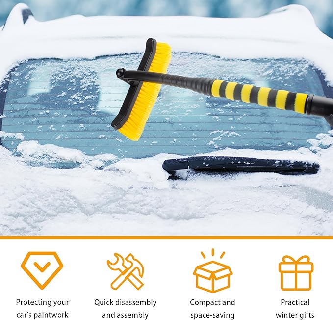 25.5" Car Snow Brush and Detachable Ice Scraper, Snow Shovel for Car Window with Foam Grip and 360° Pivoting Brush Head, Snow Shovel for Car Window, Winter Accessories for Cars, Trucks, SUVs