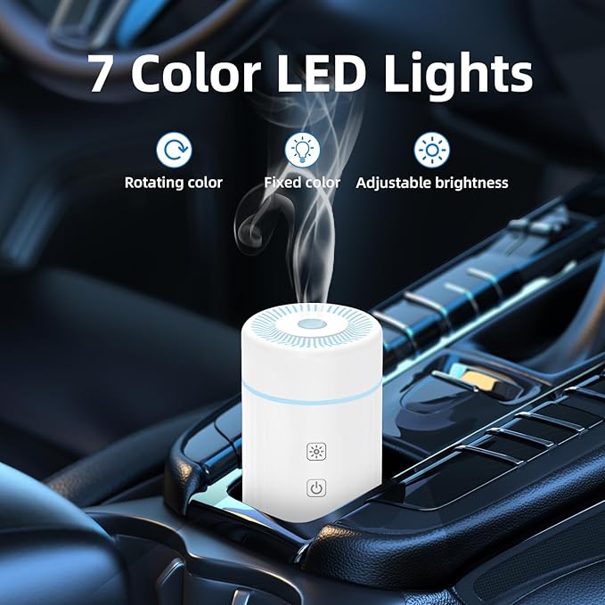 100ML Car Essential Oil Diffuser, Rechargeable Battery Powered, Cordless Portable Humidifier with 7 LED Color Changing Lights