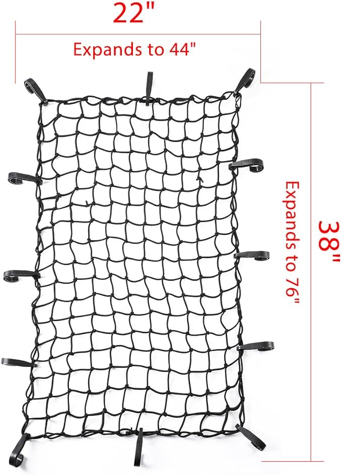 CZC AUTO 22"x38" Black Latex Bungee Cargo Net Strech to 44"x76", Luggage Netting with 2"X2" Small Mesh and 12 Adjustable Plastic Hooks for Rooftop Cargo Carrier Roof Rail Rack Hitch Basket SUV