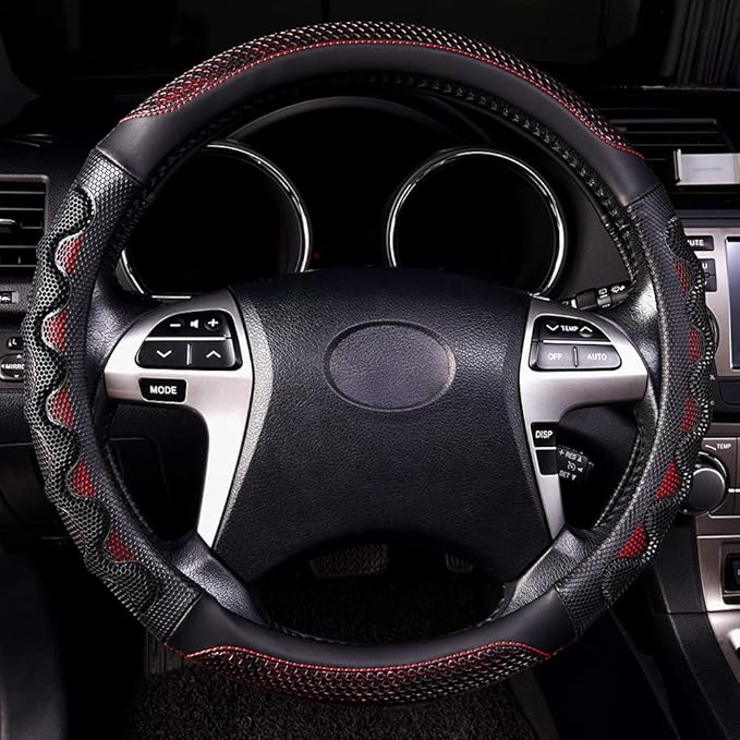 Flying Banner car Steering Wheel Cover Faux Leather Massage Universal fit 3D Honeycomb Hole Anti-Slip Sporty 15 Inches (Red w