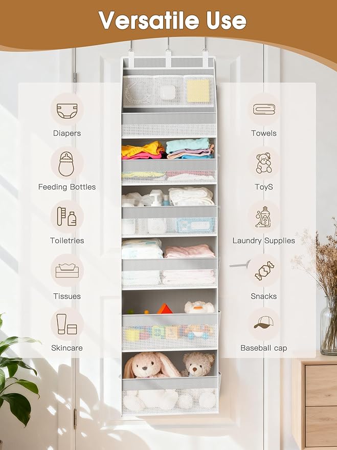 Criusia 2 Pack Over The Door Organizer, Heavy-Duty 6-Shelf Hanging Storage with 13 Mesh Pockets, 55lbs Capacity Behind The Do