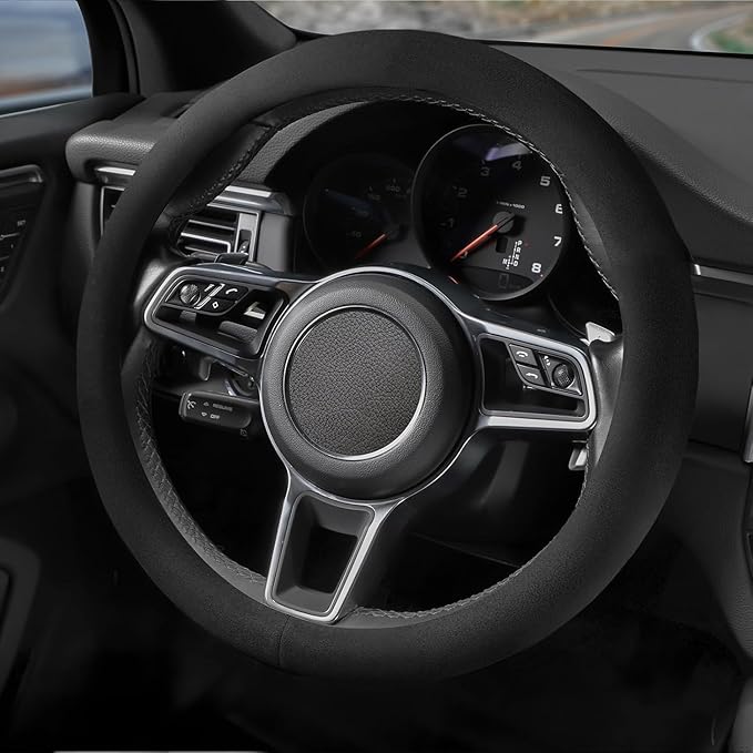 Suede Steering Wheel Cover with Upgraded Silicone Inner Ring, Anti Heat, Breathable, Anti-Slip, Leather Universal 14.5 to 15 