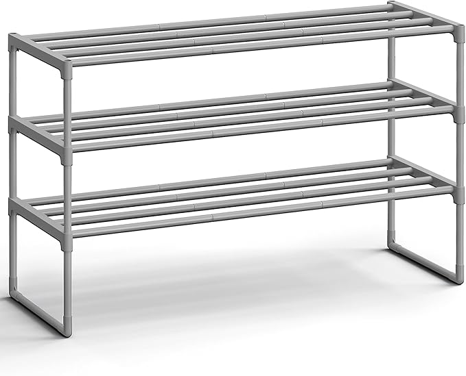 SONGMICS Shoe Rack, 3-Tier Shoe Organizer, Metal Storage Shelf, Upright or Upside Down, for 16-20 Pairs, Stackable, for Entry