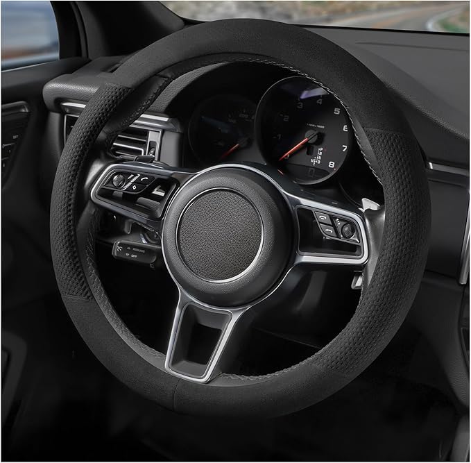 Suede Steering Wheel Cover with Upgraded Silicone Inner Ring, Breathable, Anti-Slip, Leather Universal 14.5 to 15 Inch Steeri