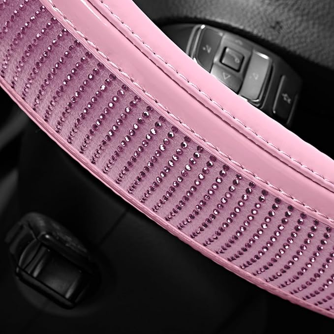 Road Comforts Bling Steering Wheel Cover – Pink Diamond Design, Universal Fit 14.5-15 Inch, Microfiber Leather, Anti-Slip & B