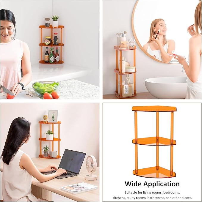 Sezanrpt 3 Tier Countertop Corner Organizer Shelf 7x7x15.7 Inch, Orange Countertop Acrylic Bathroom Corner Shelf, Vanity Stor
