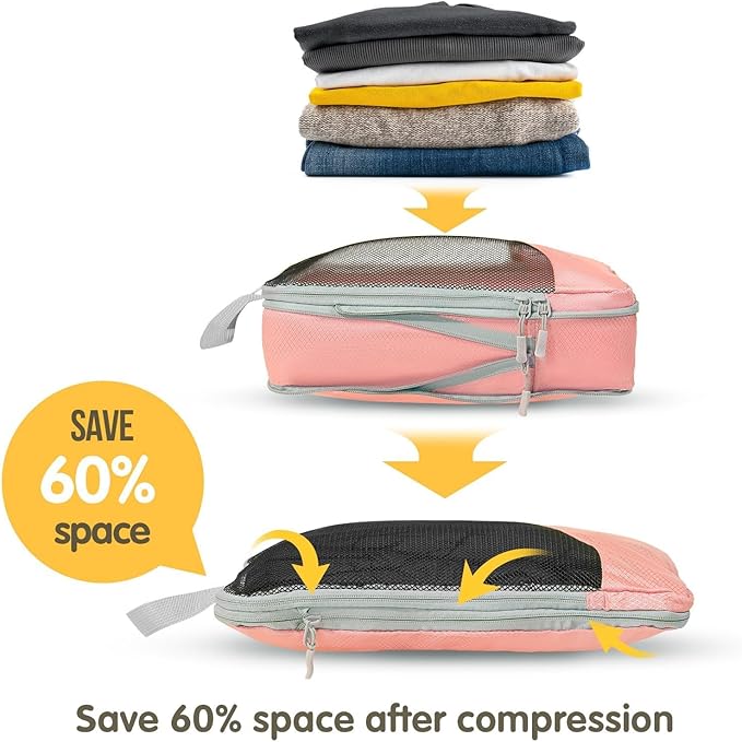 Compression Packing Cubes 8 Set, Dual Zipper Compression Packing Cubes for Travel, See-Through Mesh Packing Bags for Suitcase