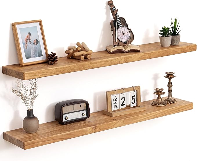 Floating Shelves for Wall, 40"Wx8"D Rustic Solid Elm Wood Floating Shelves Wall Mounted, Round Edge Wall Shelves with Invisib
