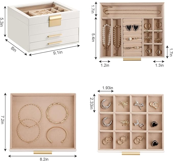 Somduy Jewelry Box Organizer for Women,3 Layers PU Leather Jewelry Storage Display Box with Glass Lid,Gift for people,3 Drawe