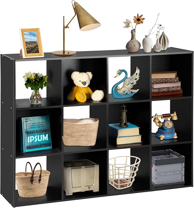 SUPER DEAL 12 Cube Storage Organizer, Open Shelf Bookcase, Wood Cubical Shelves Closet Cabinet Display Unit with 6 Removable 