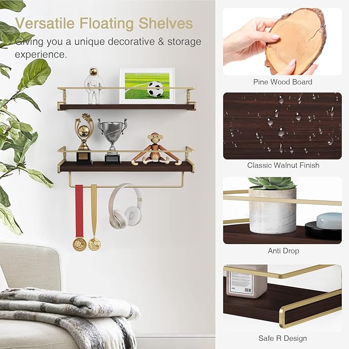Floating Shelves Bathroom Shelves Over Toilet Set of 2, Bathroom Wall Shelves with Towel Bar, Wall Mounted Vanity Shelf for B
