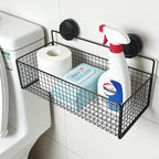 Wall Mounted Wire Basket, Black Metal Storage Organizer with Suction Cups for Kitchen Bathroom