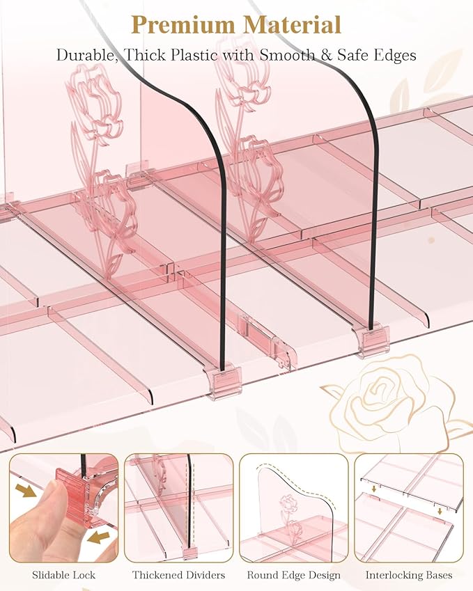 SURETIVIAN Rose Purse Dividers for Closet, 2 Pack Clear Clutch Purse Closet Organizers, Adjustable Handbag Storage Organizers