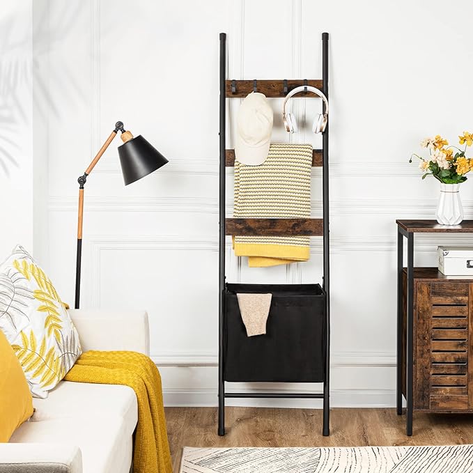 HOOBRO Blanket Ladder with Basket, 17.3”L x 63.4”H, Towel Rack with Hooks, Blanket Holder Rack, Decorative Ladder Shelf, Dryi
