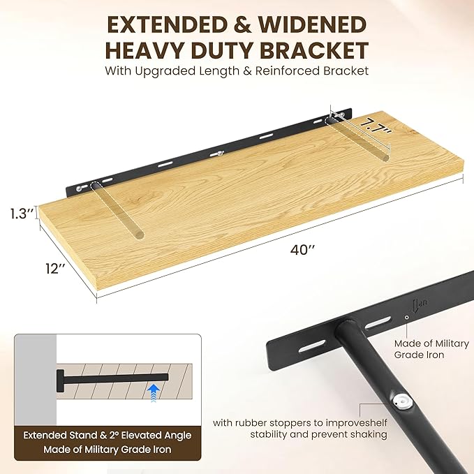 Dreamland 40" Floating Shelves for Wall, 12" Deep Slim Oak Floating Shelves, Wall-Mounted Shelves for Bedroom, Living Room, K
