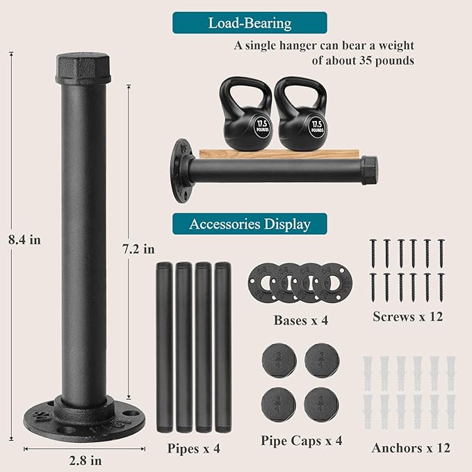 Cast Iron Wall Mounted Clothes Rack, Heavy Duty Industrial Pipe Clothing Rack for Hanging Clothes, Garment Racks for Wardrobe
