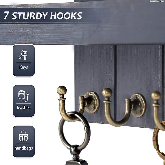 Pine Wood Key Holder Wall Mount for Home Decor - Stylish Key Holder for Wall with Shelf and 7 Key Hooks for Mail Organizer - 