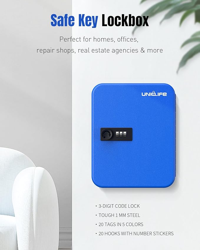 Uniclife 20 Keys Key Lock Box with Code, Wall Mount Lock Box for Keys with Code, Key Organizer with Tags, Key Cabinet, Key St