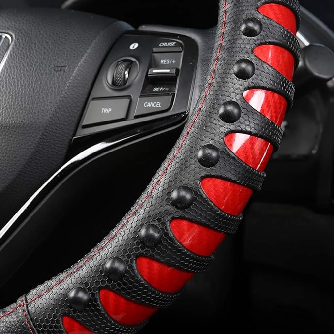 West Llama Microfiber Leather Car Steering Wheel Cover for Men Women,Universal Fit 15.5-16 inchs(Leather Nails-Red+Black-Larg