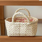 Small Storage Basket Organizer, Mini Fabric Floral Storage Baskets with Handle, Quilted Portable Collapsible Storage (P)