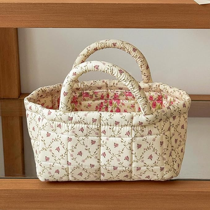 Small Storage Basket Organizer, Mini Fabric Floral Storage Baskets with Handle, Quilted Portable Collapsible Storage (P)