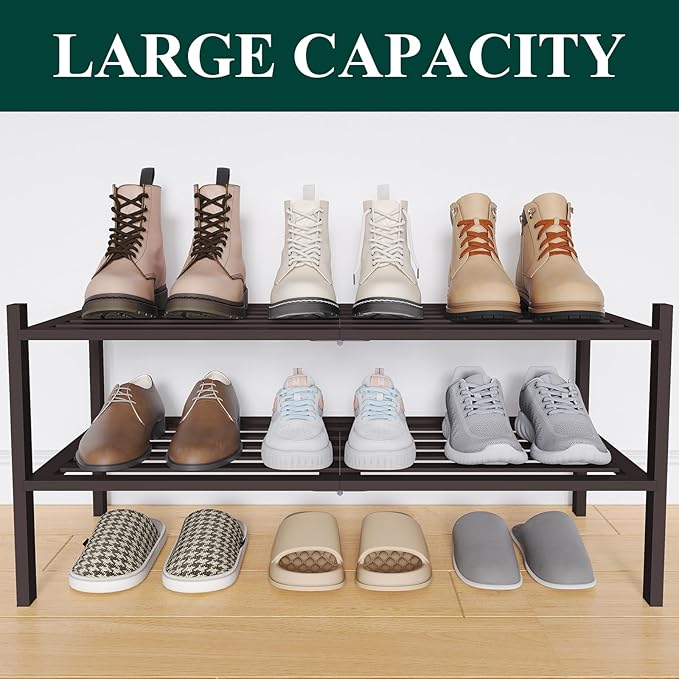 Smiry Bamboo Shoe Rack 2-Tier, Stackable Wooden Shoe Organizer for Entryway & Closet, Free Standing Wood Shoe Storage Shelf f
