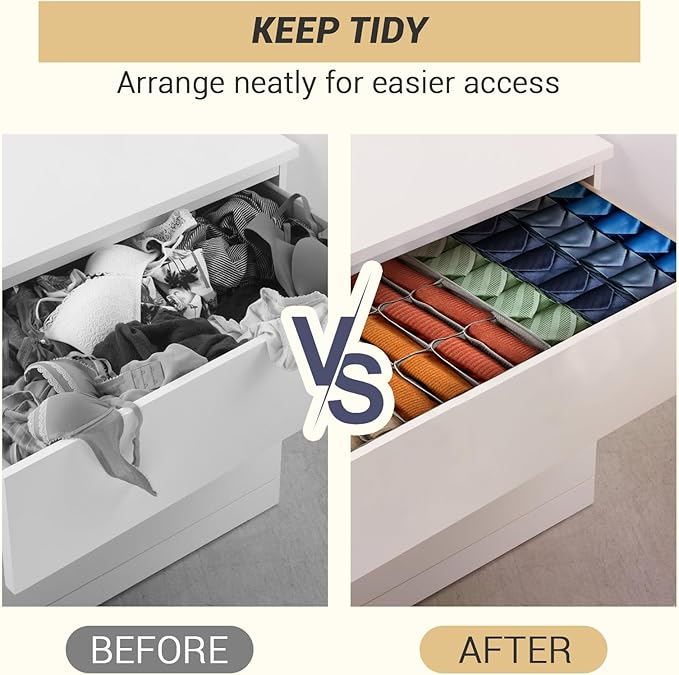 PINGMIC Gray Sock Organizer Divider 2 Pack - 24 Cell Foldable Closet Storage, Tie Organizer For Men Boxes for Socks, Ties, Be