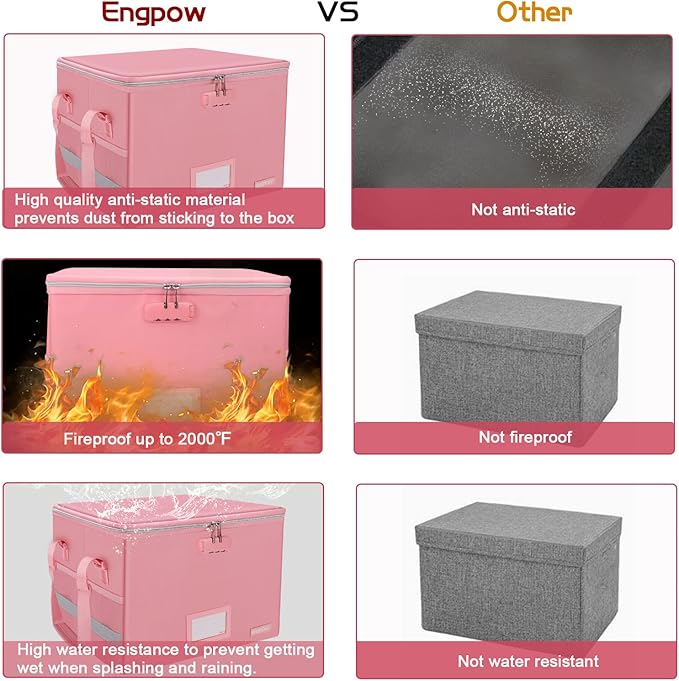 ENGPOW File Box with Lock, Fireproof Document Box with Pockets, Collapsible File Organizer Filing Storage Cabinet with Handle