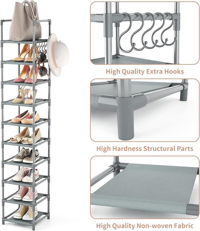 LANTEFUL Narrow Shoe Rack 10-Tier Tall Shoe Organizer Skinny Shoe Shelf Storage for 10-15 Pairs Shoe and Boot, Space Saving C