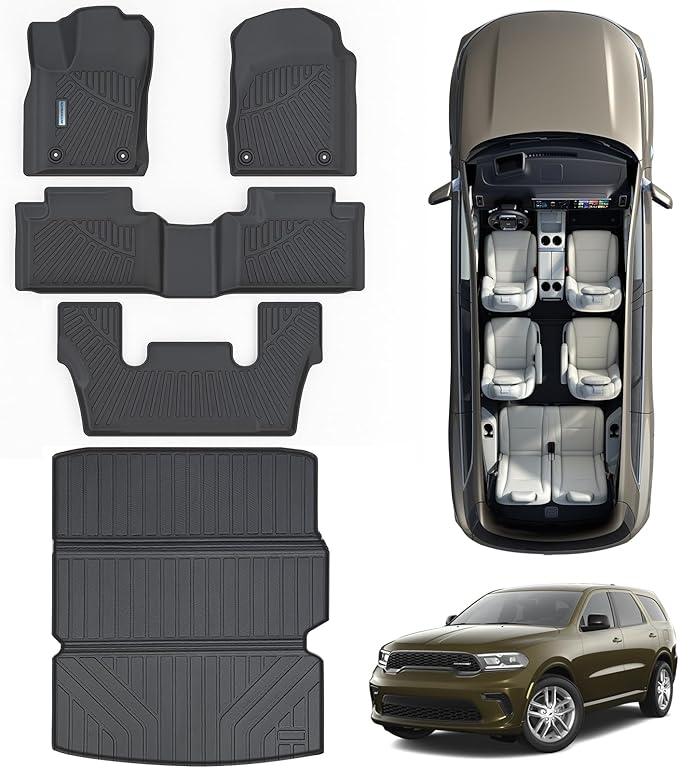 Floor Mats & Large Trunk Mat for 2016-2024 2025 Dodge Durango（Only Fit 6 Seats）-2nd Row Bucket Seat,TPE All Weather Protection 3 Rows Car Floor Liners with Large Cargo Liners