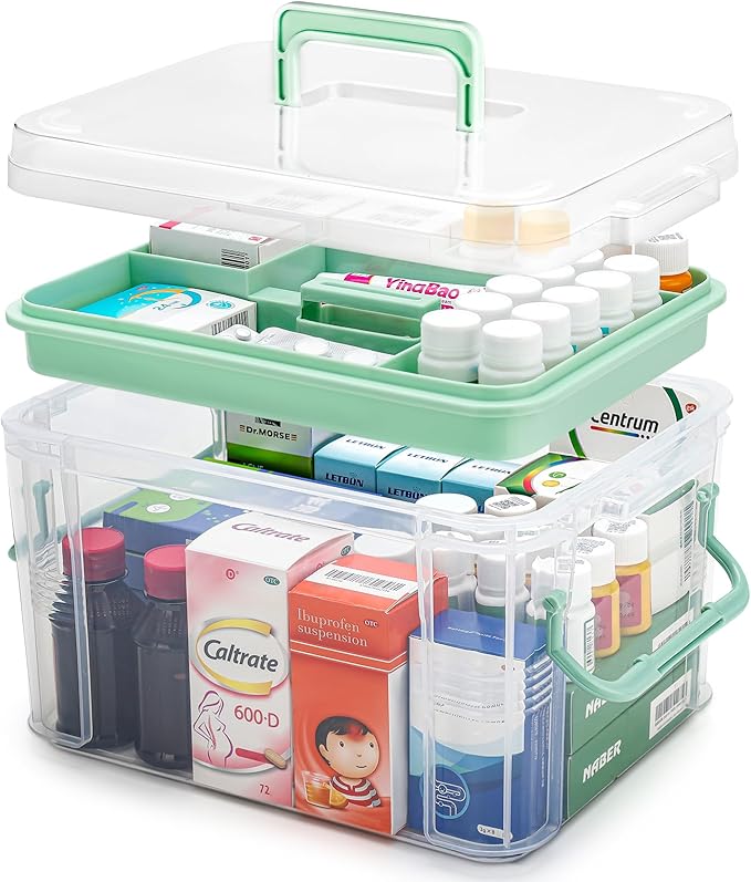 15QT Clear Medicine Organizer Storage Box with Handle & Tray - Thickened Plastic Empty First Aid Box, Multipurpose Medical Co
