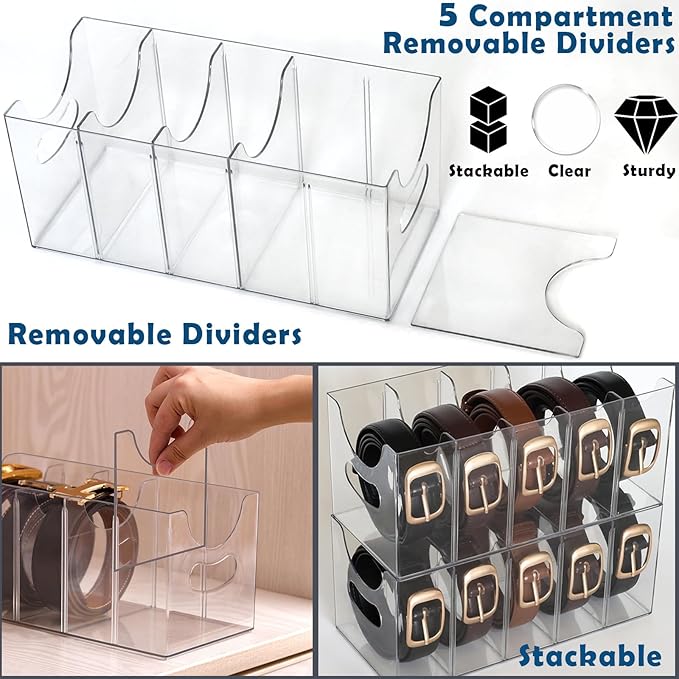 Belt Organizer - 2 Pack Clear Stackable Belt holder For Closet Drawer Storage - 5 Compartments with Removable Dividers, Multi