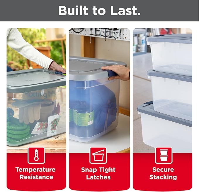 Rubbermaid Roughneck Clear 66 Qt/16.5 Gal Storage Containers, Pack of 4 with Latching Grey Lids, Visible Base, Sturdy and Sta