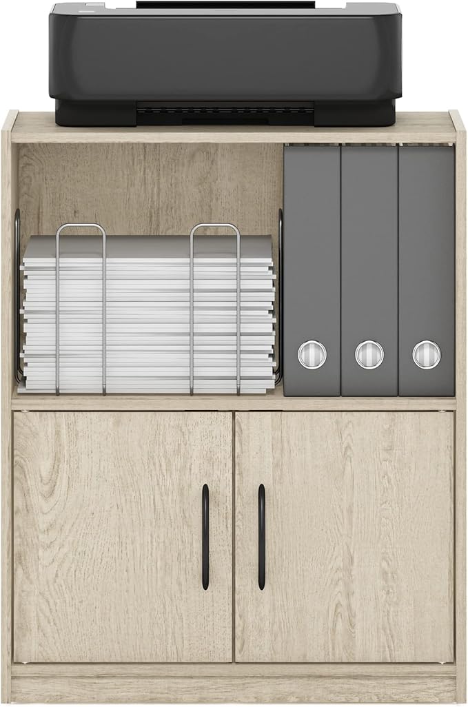 Furinno GRUEN Book Shelf, 2-Tier Small Bookshelf, Bookcase with Open Shelf and Doors Storage Cabinet, 9.3 x 21.8 x 27, for Or