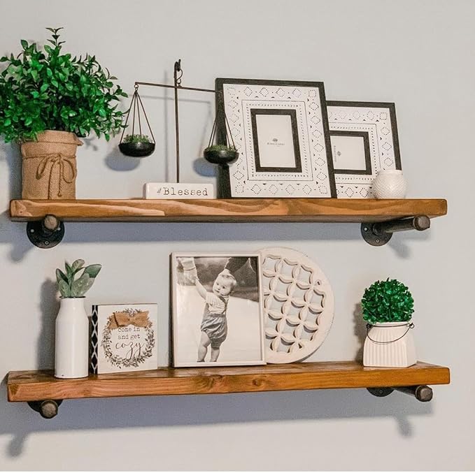 Industrial Pipe Wall Wood Shelves,Real Wooden Shelves 36" in Special Brown Color with 1.2" Extra Thickness, Modern Floating S