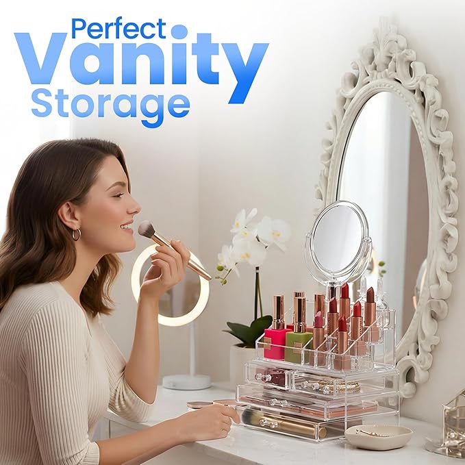 Masirs Clear Makeup Organizer with Mirror – 16-Compartment Cosmetic and Jewelry Holder, 4-Drawer Vanity Storage, Elegant Clea