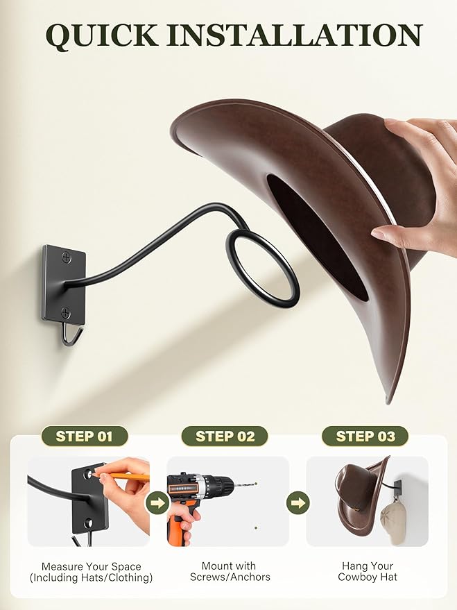 Cinati Cowboy Hat Rack for Wall 8 Pack, Cowboy Hat Holder Wall Mount, Western Rustic Metal Hats Hanger Hooks Organizer for Fe