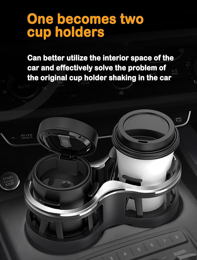 Kwak's Car Cup Holder Expander, 2 in 1 Extra Cup Holder Adapter Extender for Car with Expandable Insert, Fits Drink Cup,Tea Cup,Soda Can,Car Ashtray, etc