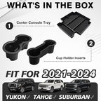 Muslogy Center Console Organizer & Cup Holder Inserts Compatible with 2021-2025 2026 GMC Yukon Chevy Tahoe Suburban Accessories Front & Rear Drink Holder & Armrest Storage Box(Power Sliding Console)