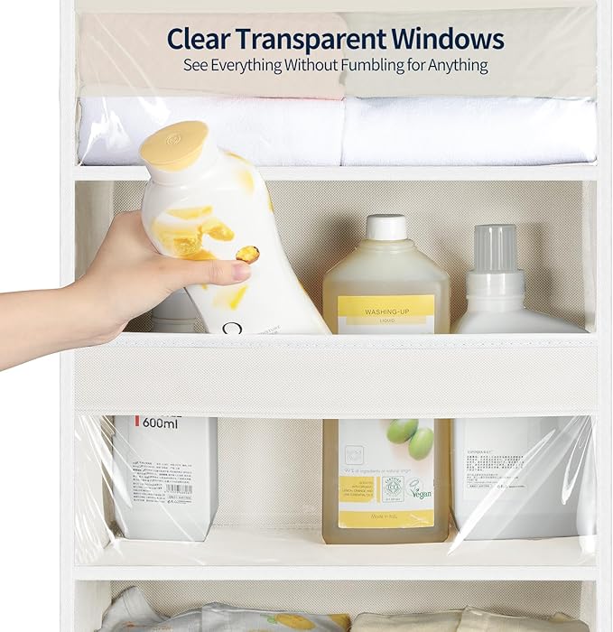 Yecaye 5 Tier Clear Over the Door Organizer Hanging, 5 Large Plastic Pockets and 10 Side Pockets Back of Door Organizer, 56lb