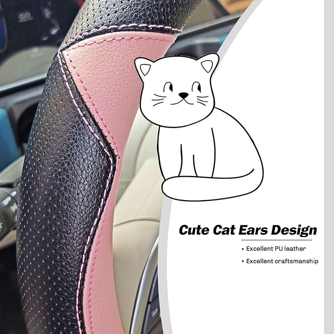 Fashion Cat Ear Leather Steering Wheel Cover Women Girl 15"(38cm) Universal Fit Auto D Shaped Leather Steering Wheel Covers (