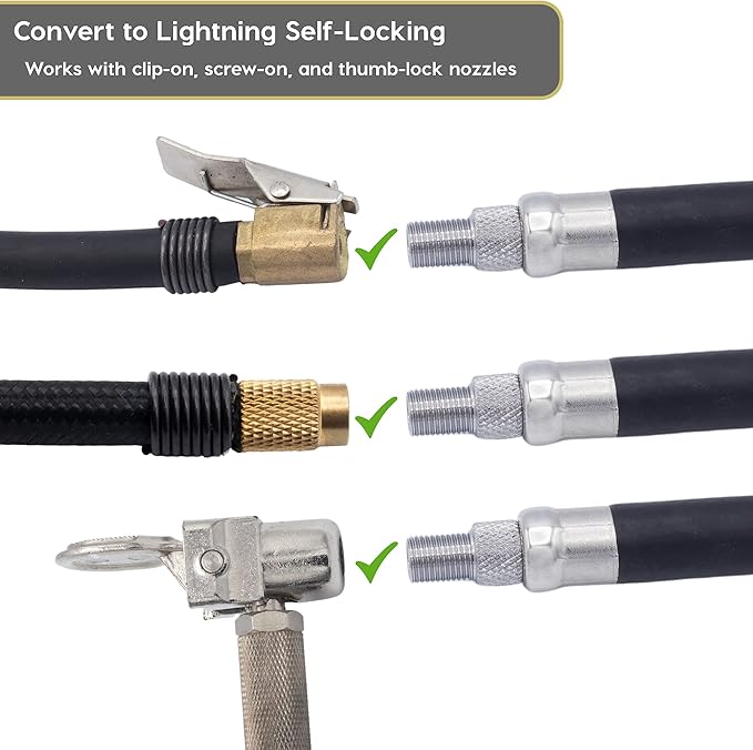 JACO Lightning L2X Quick-Connect Locking Tire Inflator Air Chuck Extension | Patented Lock-on Compressor Hose Attachment | 90 Degree Adapter (Open Flow)