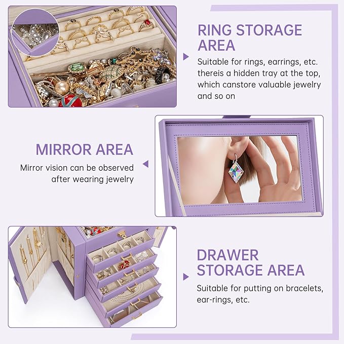 AKOZLIN 6-Tier Jewelry Box Organizer Functional 5 Drawers Leather Jewelry Storage Case for Women Girls Ring Necklace Earring 