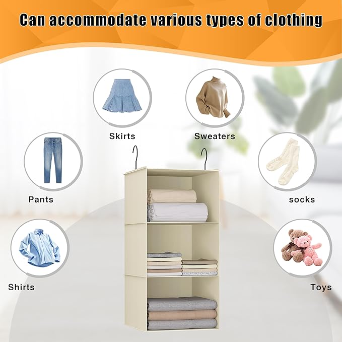 Hanging Closet Organizer and Storage 3-Shelf, Easy Mount Foldable Hanging Closet Wardrobe Storage Shelves, Clothes Handbag Sh