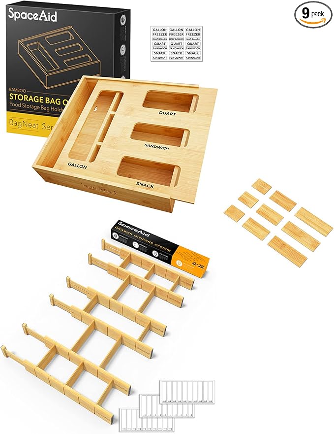 SpaceAid Bag Storage Organizer for Kitchen Drawer, (1 Box 4 Slots) Bamboo Drawer Dividers 6 Dividers with 12 Inserts (17-22 i