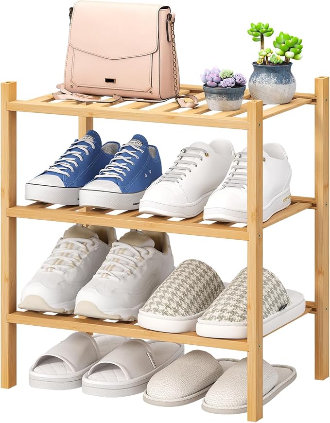 viewcare Small Shoe Rack, 3-Tier Shoe Rack for Entryway, Bamboo Wood Shoe Shelf for Closet & Hallway, Long 17.2IN | Beautiful