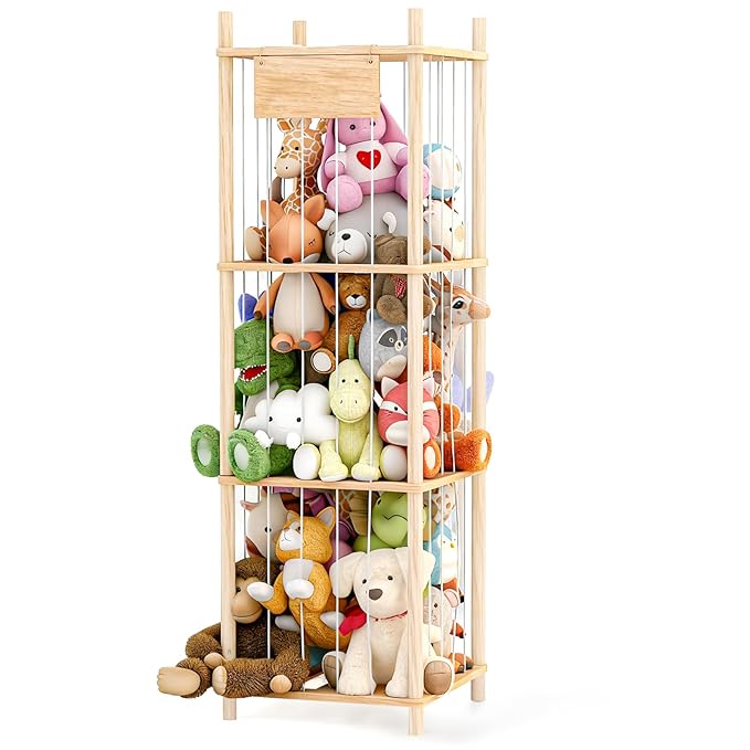 Dayacoco Stuffed Animal Storage, Wood Stuffed Animals Organizer Holder Zoo, Extra Large Capacity Stuff Storage with Elastic B