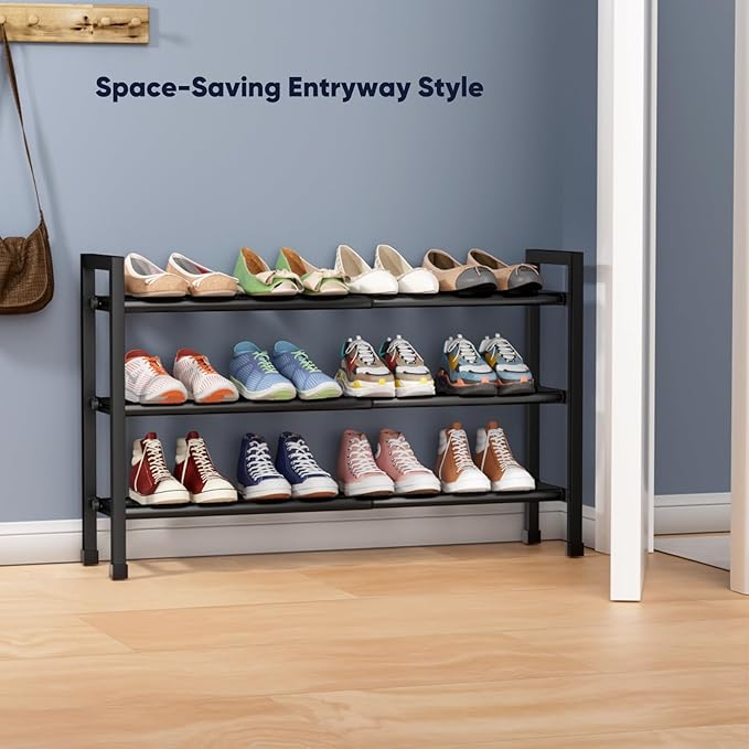 Abiglifty 3-Tier Expandable Shoe Rack,17"-33" Adjustable Shoe Rack for Closet,Metal Shoes Shelves for Front Door Entrance, Ga